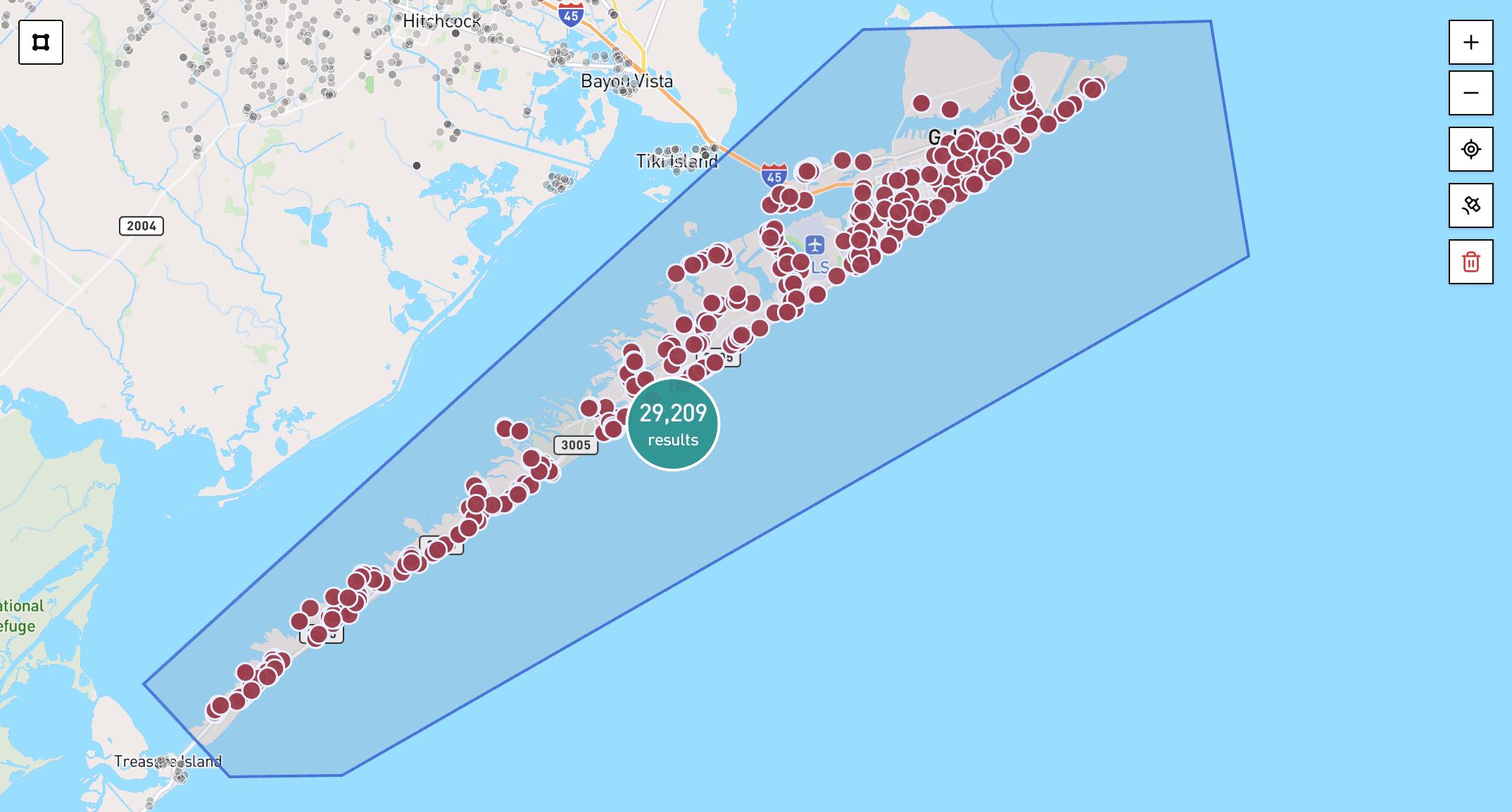 Affix map view with a drawn area selected for a property lead list