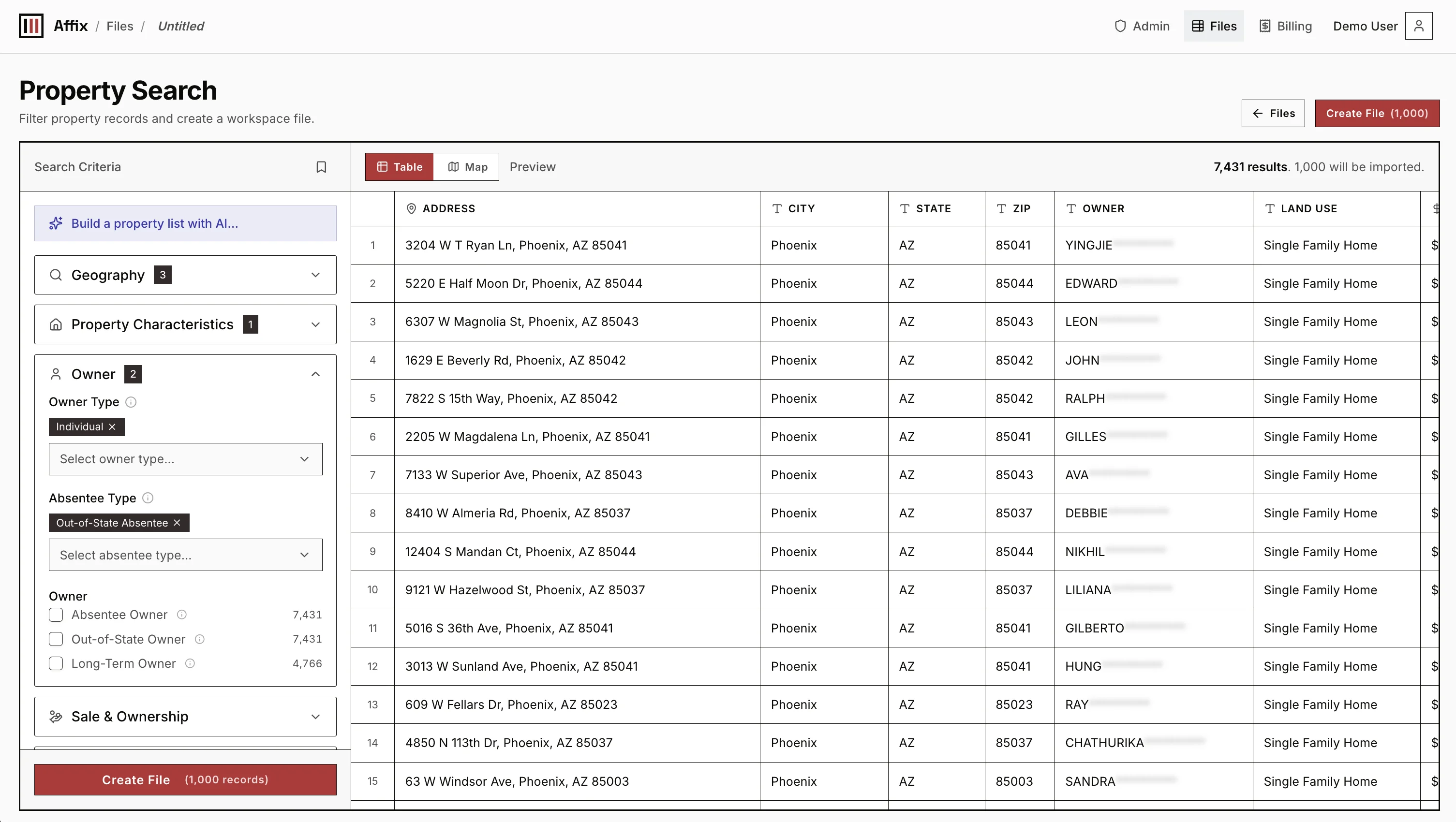 Affix property data workspace with filters, map, and property list preview